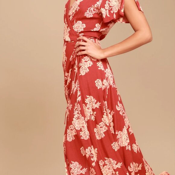 Lulu's Heart of Marigold Rust Red Floral Print Wrap Maxi Dress Size L - Picture 2 of 10